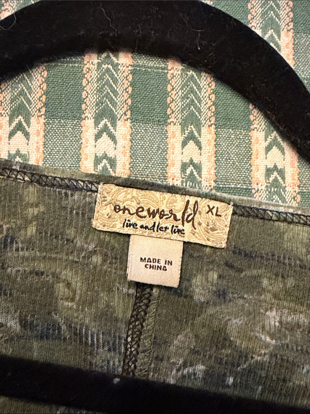 ONE WORLD Olive Green V-Neck Long Sleeve Patterned Top - Picture 3 of 3